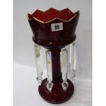 VICTORIAN GLASSWARE, ruby glass drop lustre vase, 13" height