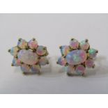 PAIR OF 9CT YELLOW GOLD OPAL CLUSTER EARRINGS, of floral form