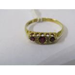 18ct YELLOW GOLD 3 STONE RUBY RING, size P