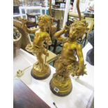 LIGHTING, pair gilded putti figure based table lamps, 18" height