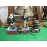 MONEY BOXES, 3 replica cast iron novelty money boxes "Stump Speaker", "Uncle Sam" and "Negroid Head"
