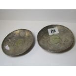 CHINESE COIN INSET DISHES, pair of silver circular dishes engraved with fabulous dragons, 4" dia