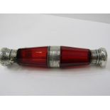 VICTORIAN PERFUME FLASK, ruby glass 2 section silver mounted perfume flask