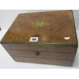 VICTORIAN NEEDLEWORK BOX, 19th Century burr walnut brass inlaid table top needlework box, base flush