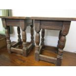OAK STOOLS, pair of Jacobian- style square top oak stools, 11.5" width