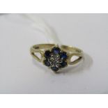 9CT YELLOW GOLD SAPPHIRE & DIAMOND CLUSTER RING, principle illusion set diamonds surrounded by 6