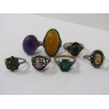 SILVER RINGS, 5 silver and 1 9ct gold and silver rings, stoneset, including untested amber, opalite,