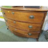 HEPPLEWHITE BOW FRONT CHEST, mahogany chest of 3 graduated long drawers, neo-classical brass urn