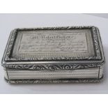 WILLIAM IV SILVER PRESENTATION SNUFF BOX, HM silver rectangular snuff box with presentation