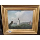 MARITIME, 19th Century oil on panel "Sailing Vessels Off Breakwater & Lighthouse", 8" x 10"