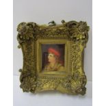 PORTRAIT MINIATURE, "Portrait of Young Boy with a Red Cap" inscribed Louisa Stanley 1828 on reverse