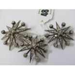 3 DIAMOND STAR BROOCHES, high carat gold vintage style diamond set brooches, 1 large, 2 smaller