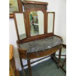 CONTINENTAL MARQUETRY DRESSING CHEST, bow fronted with inset marble top and inlaid triptych mirrors,