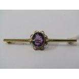 9ct YELLOW GOLD AMETHYST BAR BROOCH, approx 3.8 grams