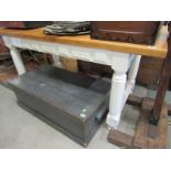 PINE TOPPED DINING TABLE, painted pillar support and stretcher base, 63" x 28" top