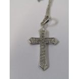 9CT WHITE GOLD DIAMOND SET CROSS, on fine 9ct white gold curb link necklace