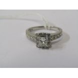 14CT WHITE GOLD DIAMOND CLUSTER RING, principle princess cut diamond measuring approx 0.50ct