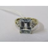 9ct YELLOW GOLD AQUAMARINE & DIAMOND RING, principal rectangular cut aquamarine set with 3 small