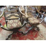 PAIR OF THRONE LADDERBACK ARMCHAIRS, on X stretcher based (require restoration)