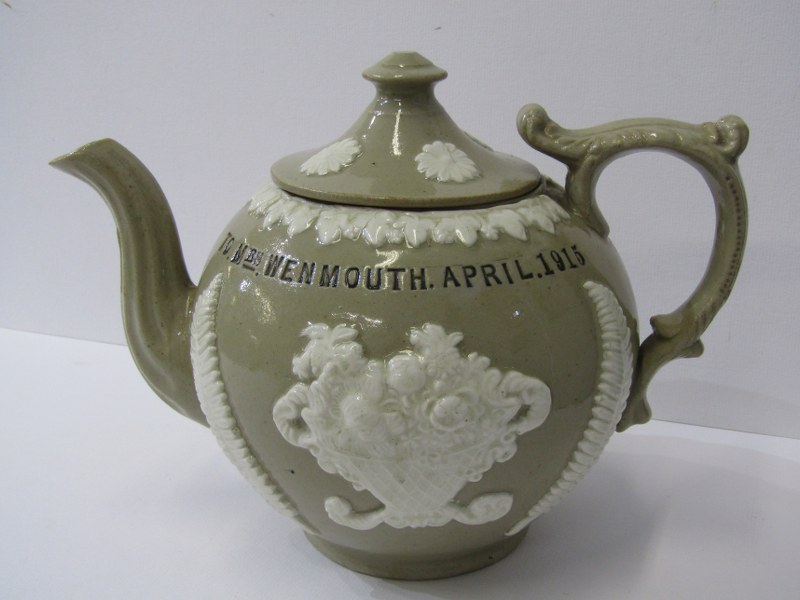 ANTIQUE POTTERY WWI, presentware stoneware teapot dedicated to "Mrs Wenmouth from Private H