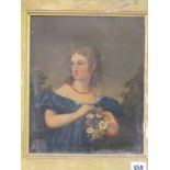 19th CENTURY ENGLISH SCHOOL, "Portrait of Young Lady with Flowers", 11" x 9.5"