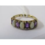 9ct GOLD OPAL & AMETHYST RING, 3 oval cabouchon cut opals, each seperated by a good colour amethyst,