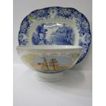 MARITIME, porcelain punch bowl with sailing ship portrait, 11", together with Victorian ironstone "