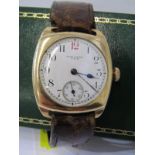 9ct YELLOW GOLD CHASED WALTHAM TRENCH STYLE WATCH, appears in working condition