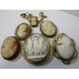 CAMEO BROOCHES, selection of yellow metal shell cameo brooches