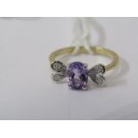 9CT YELLOW GOLD AMETHYST & DIAMOND RING, principal oval cut amethyst with heart to each shoulder