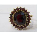 LARGE GARNET CLUSTER RING, set in 9ct yellow gold, size L/M