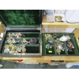 COSTUME JEWELLERY, vintage leather box containing beads, brooches, pendants, earrings, etc