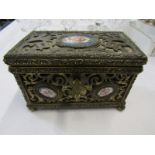 ANTIQUE JEWEL CASKET, ornate gilt & engraved brass rectangular jewel casket inset with Sevres- style