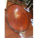 SHERATON-REVIVAL, mahogany oval brass twin handled tray with marquetry decoration in the Sheraton
