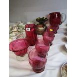 CRANBERRY GLASS, pedestal cream dish, five vine edged tumblers, goblet & three other pieces