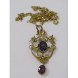 9ct YELLOW GOLD ART NOUVEAU STYLE AMETHYST & PEARL PENDANT, With 9ct yellow gold fine figaro link