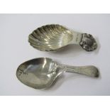 CADDY SPOONS, Georgian design HM silver shell design caddy spoon, together with Georgian bright