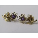 A PAIR OF 9ct YELLOW GOLD AMETHYST & CULTURED PEARL FLORAL DESIGN EARRINGS