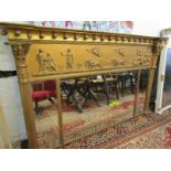 REGENCY OVERMANTEL, triple panelled classical design overmantel with lion chariot and heralding