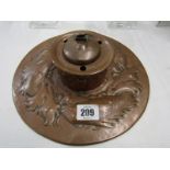 NEWLYN INKWELL, Fish embossed copper wide rimmed circular inkwell, 9" diameter