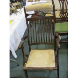 EDWARDIAN FOLDING ARMCHAIR, shaped slat back with upholstered neck rest