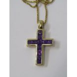 AMETHYST SET 9ct GOLD CROSS on fine boxlink 9ct gold necklace