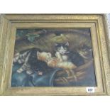 SIGNED EDWARDIAN OIL ON BOARD, "Four Kittens Playing in Basket", 10.5" x 13"