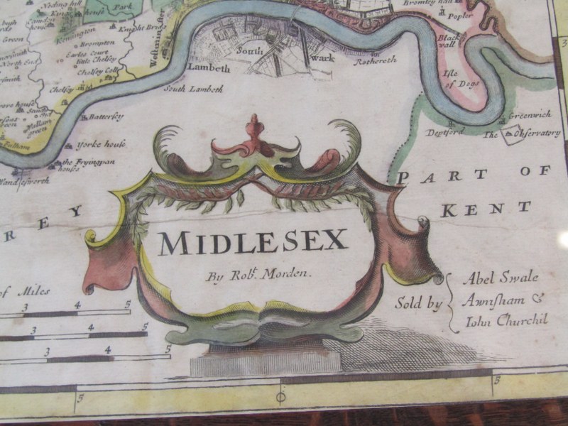 EARLY MAP, Robert Morden hand coloured map of "Middlesex" from early 1700's - Image 4 of 4