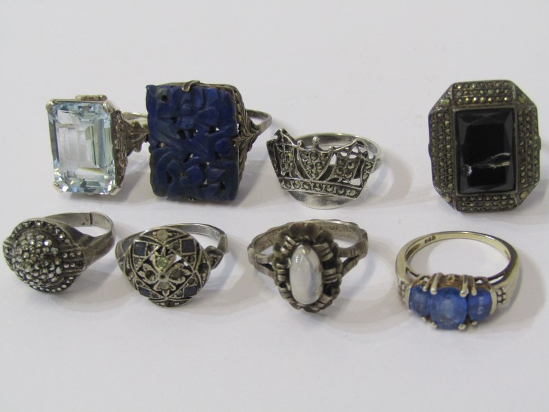 SILVER RINGS, selection of 8 silver rings, including stoneset, moonstone, macasite, etc