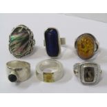 SILVER RINGS, selection of 6 silver rings including abalone shell, smokey quartz, amber, resin,