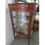 EDWARDIAN INLAID DISPLAY CABINET, mahogany bow fronted single drawer cabinet on tapering square