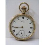 GOLD PLATED OPEN FACED POCKET WATCH, by Waltham in leather pouch, appears to be in working condition