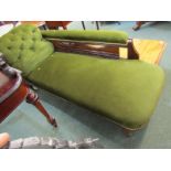 EDWARDIAN CHAISE LONGUE, mahogany framed green button back chaise