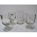 VICTORIAN GLASSWARE, three heavy base glass rummers & Advertising "Young's Mountain Dew Whisky" jug